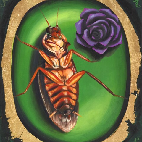 $400

Cockroach

A cockroach is presented within a luminous green oval and framed with irregular gold leaf, its polished amber body rendered with careful attention to structure and light. A violet rose floats beside the insect, introducing an unexpected contrast between ornament and subject. The composition invites viewers to look more closely at a creature often dismissed, revealing the symmetry and complexity of its form.

Medium: acrylic, ink, oil, and gold foil on canvas.
18"x24"

