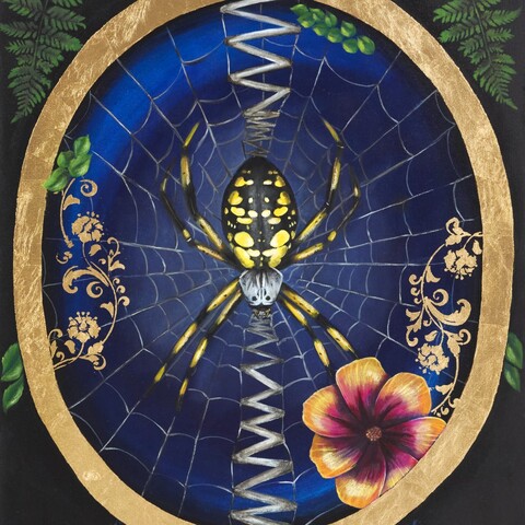 $1800

Spider

A writing spider sits at the center of an intricate web stretched across a dark blue ground. Decorative symmetry and ornamental elements emphasize the architecture of the web while celebrating the spider’s quiet mastery of structure and design.

Medium: acrylic, ink, oil, and gold foil on canvas.
30"x48"