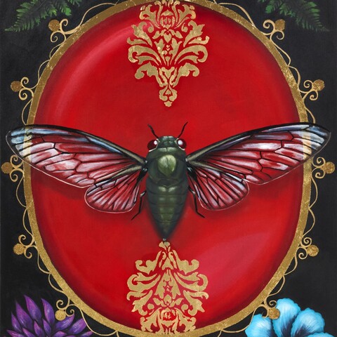$2000

Cicada

A cicada spreads its translucent wings across a vivid red field framed with ornamental gold details. The composition echoes classical portrait medallions while celebrating the insect’s brief but powerful presence in the natural cycle. The contrast of delicate wing structure against rich color highlights both fragility and resilience.

Medium: acrylic, ink, oil, and gold foil on canvas.
36"x 48"