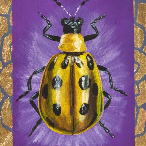 $175

Cucumber Beetle

This beetle is presented as a radiant emblem against a vibrant purple field. Its familiar form becomes monumental when isolated and framed, encouraging viewers to reconsider a creature often seen only in passing. Decorative elements echo historical naturalist illustrations.

Medium: acrylic, ink, oil, and gold foil on canvas.
9"x12"